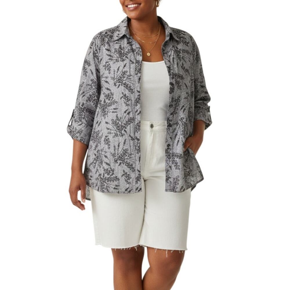 JM Collection Gray Linen Black Embroidered Floral Button Shirt Cottagecore 18W - Picture 1 of 16